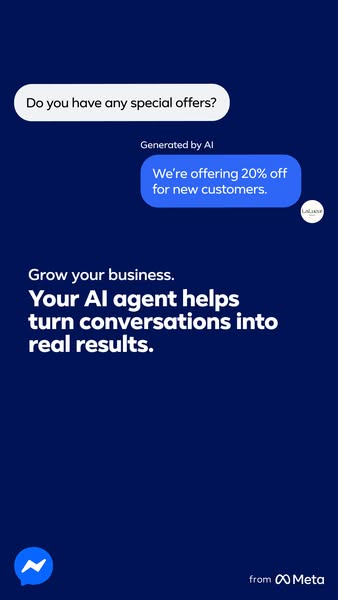 This ad for an AI agent company uses a mock chatbot exchange to highlight a special offer for new customers and promote 