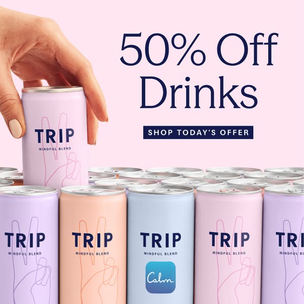 This ad for TRIP drinks promotes a limited-time offer of 50% off. It uses a product-focused layout with multiple cans di