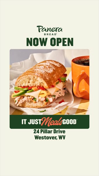 The ad showcases Panera Bread's new location, highlighting the food, with the text, "NOW OPEN", and the ad