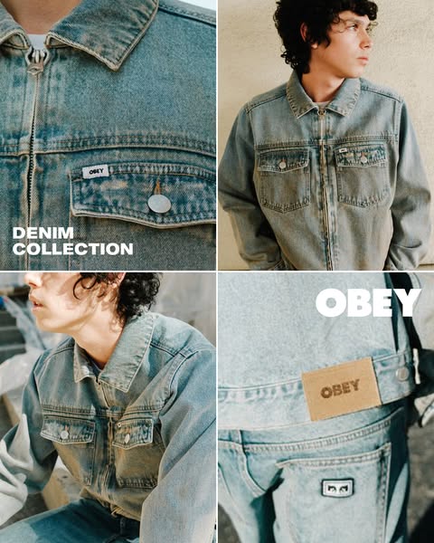 This ad showcases Obey's denim collection through a four-panel image. The panels feature close-up shots of different