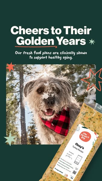 This ad for The Farmer's Dog features a dog in a snowy forest setting, emphasizing the brand's fresh food plans 