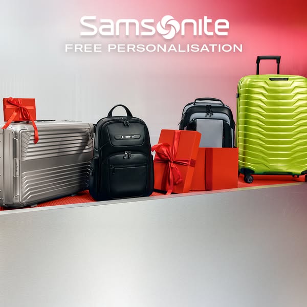 This ad showcases a variety of Samsonite luggage and bags, highlighting a free personalization offer. The products are d