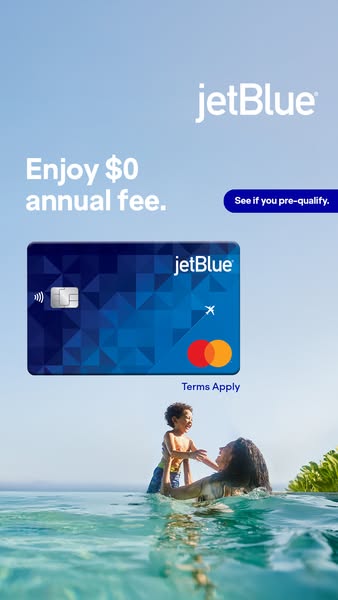 This ad promotes the JetBlue credit card and highlights the benefit of a $0 annual fee. It features a visual of the card