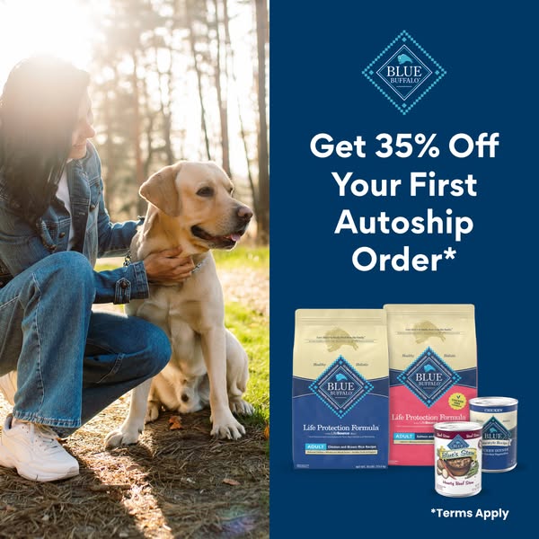 This ad promotes Blue Buffalo dog food, highlighting a 35% off offer on the first autoship order. It features a lifestyl