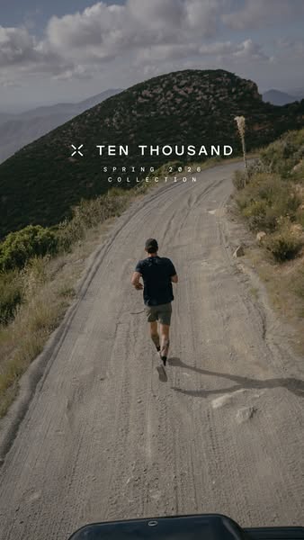 This image ad for Ten Thousand apparel showcases a man running up a dirt road, implying durability and high-performance.