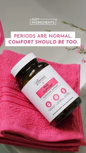 An image ad for Just Ingredients PMS Support Hormone Support. The ad copy states, 'Periods are normal. Comfort shoul