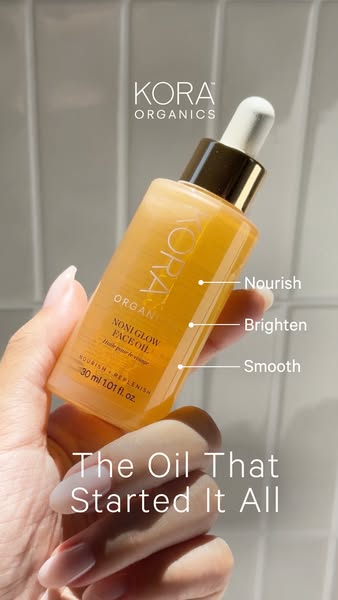 This ad features Kora Organics Noni Glow Face Oil. The ad calls out the product's features in order to highlight the