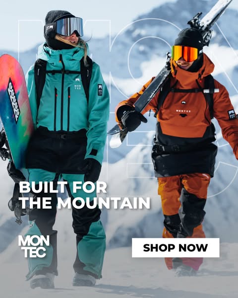 This ad showcases Montec's outdoor apparel, emphasizing its suitability for mountain activities. It features two ind