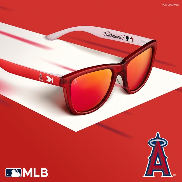 This ad promotes a pair of sunglasses in team colors from Knockaround's collaboration with MLB. The glasses are red 