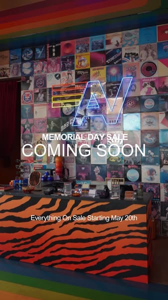 This image ad promotes a Memorial Day sale starting May 20th at an establishment with a retro, record-centric aesthetic.