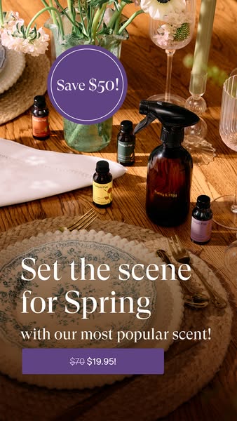 The ad showcases a collection of Purity & Field products arranged on a dining table. The image features an offer for