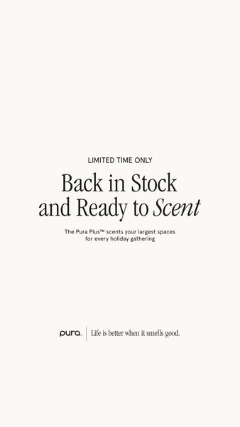 This ad promotes Pura's Pura Plus device, highlighting its ability to scent large spaces, especially during holiday 