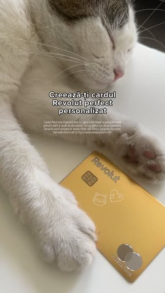 An image ad featuring a gold Revolut card resting on a table next to a sleeping white cat, advertising personalized Revo