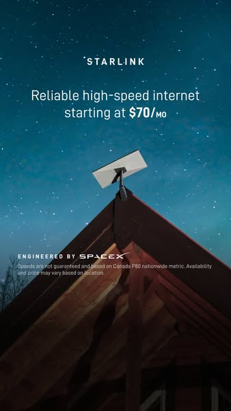 This ad is promoting Starlink internet service. It uses an image of a Starlink satellite dish on top of a roof with the 