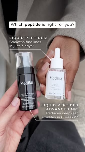 A split screen ad that highlights two different peptide serums from Medik8. It asks 'Which peptide is right for you?