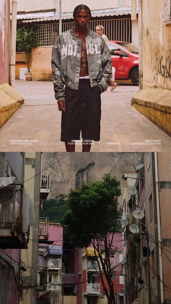 This image is a two-paneled promotional ad for clothing. The top panel shows a model in the brand's clothing line, w