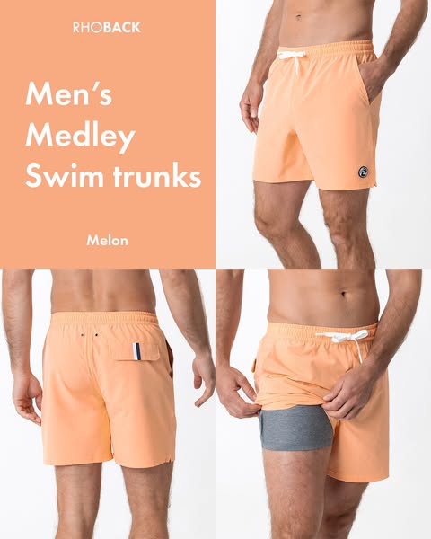 This image showcases the brand Rhoback and their swim trunks in the color Melon, focusing on the built in liner. The ad 