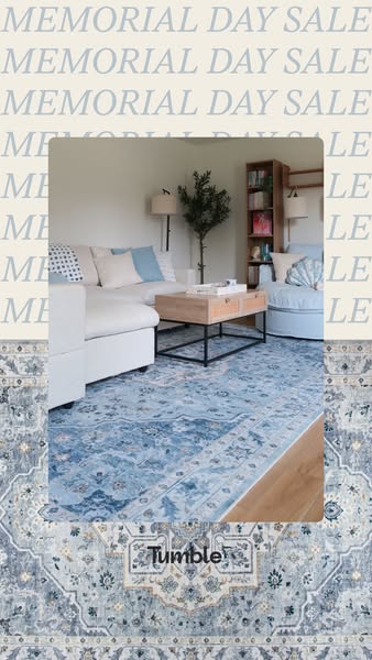 This ad promotes Tumble brand rugs for Memorial Day. The ad features a lifestyle shot of a living room with a rug from t