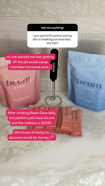 The ad features a customer testimonial in the form of social media comments addressing relief from hormonal acne with Be