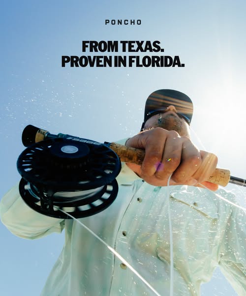 This ad showcases the Poncho brand through a hero shot of their fishing rod being used. The headline emphasizes the bran