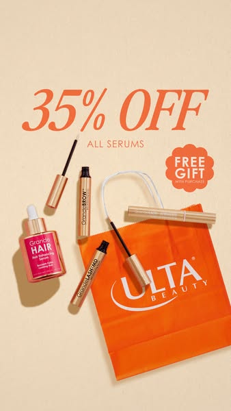 This image ad promotes Grande Cosmetics hair and lash serums, highlighting a 35% off sale on all serums and including a 