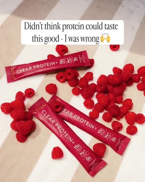 This ad features a user testimonial about a clear protein product. The visual shows the product packaging surrounded by 