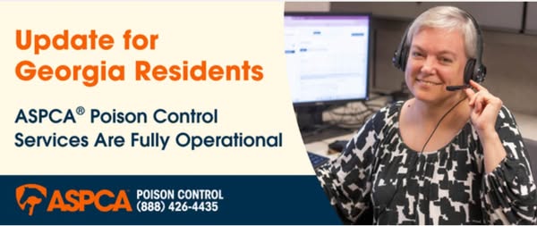 This image ad is an informational announcement from ASPCA® Poison Control, informing Georgia residents that their servic