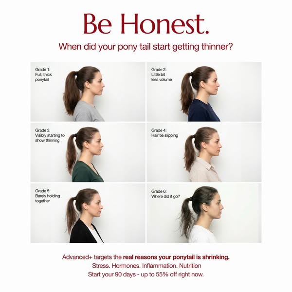The ad shows a series of images depicting the progression of hair thinning in women, as indicated by their ponytails. It