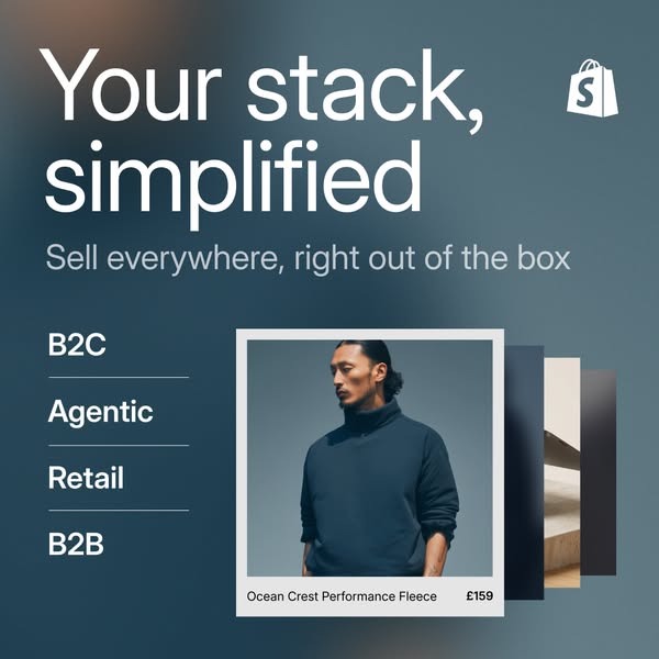 This ad promotes Shopify as a simplified platform for businesses to sell their products across various channels (B2C, Ag