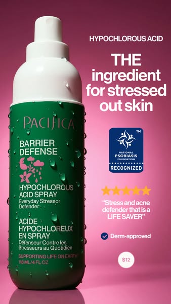 This ad for Pacifica Barrier Defense Hypochlorous Acid Spray features an image of the product with multiple callouts and