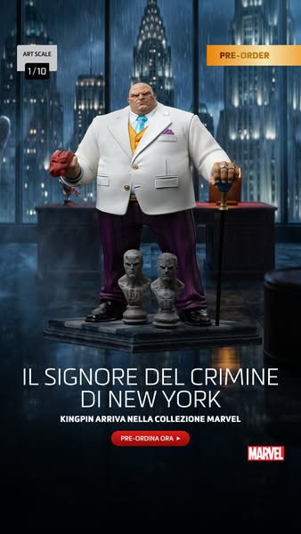 This image ad showcases a pre-order for the Kingpin Marvel collection figure in an 'art scale' of 1/10. The ad e