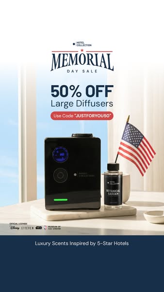 The image ad promotes Hotel Collection's large diffusers with a Memorial Day sale offering 50% off, using the code &