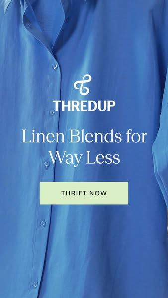 This image ad for thredUP shows a close up of a button-down shirt, advertising linen blends at a lower price point and d