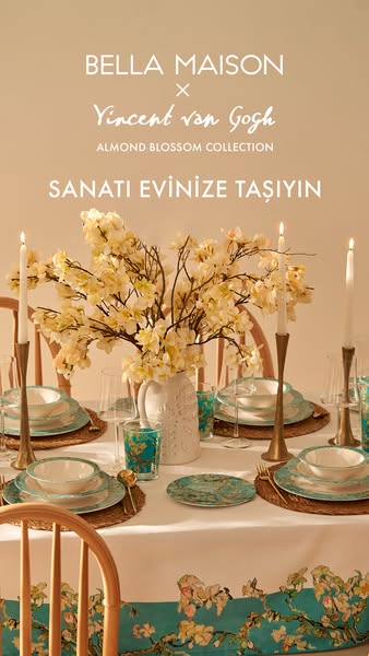 This ad presents a table set with a decorative theme inspired by Van Gogh's Almond Blossom Collection, with a call t