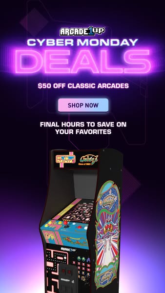 This image ad promotes Arcade1Up's Cyber Monday deals, offering $50 off classic arcades. It emphasizes the final hou