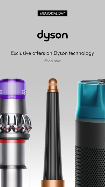 This advertisement for Dyson promotes exclusive offers on Dyson technology. The image displays a Memorial Day promotion 