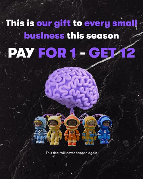 This image ad promotes a limited-time offer for small businesses: buy one item and get 12. The ad uses playful visuals a