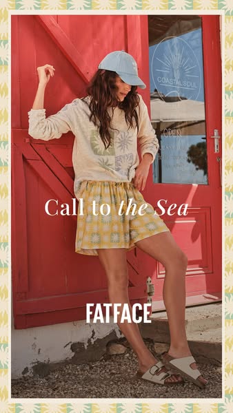 This ad for FatFace apparel features a model wearing an outfit that includes a cream top with printed squares, yellow fl