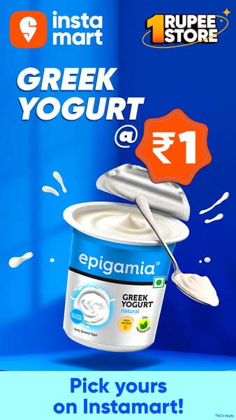 This image ad promotes Epigamia Greek Yogurt, highlighting a special offer of ₹1 on Instamart. The visual layout and off