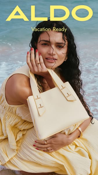 This ad showcases a yellow handbag, presenting it as a stylish accessory for a vacation. The ad is set on a beach and fo