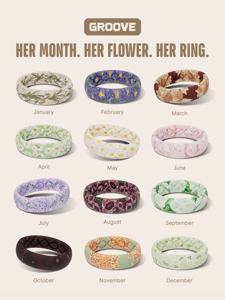 This ad features various Groove ring designs, highlighting their unique floral patterns that correspond to different mon