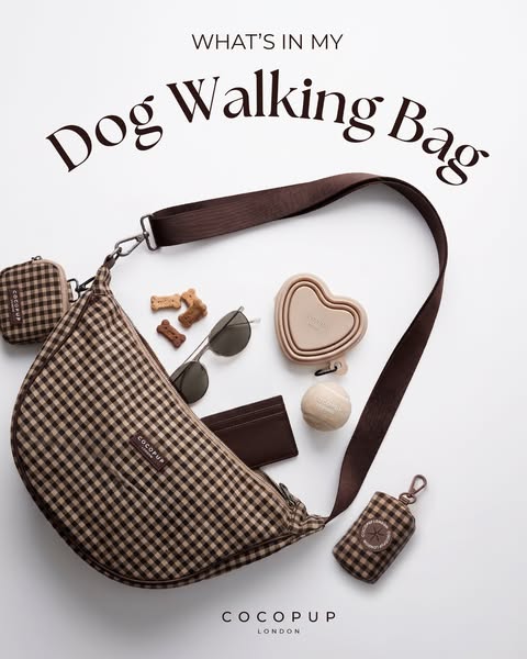 This ad showcases a Cocopup London dog walking bag and the essential items it carries, presented in a visually appealing