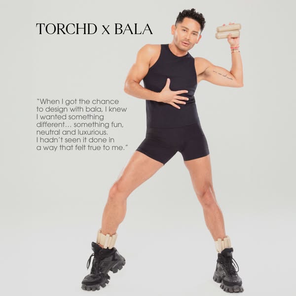 This ad features a designer who has collaborated with Bala to create a fun and luxurious product. They stand in front of