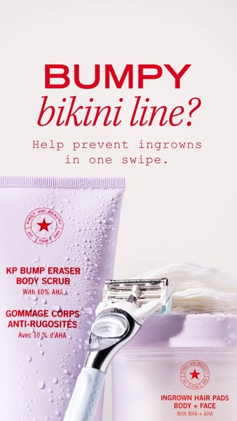 This image ad from First Aid Beauty presents their KP Bump Eraser Body Scrub and Ingrown Hair Pads as a solution for a b