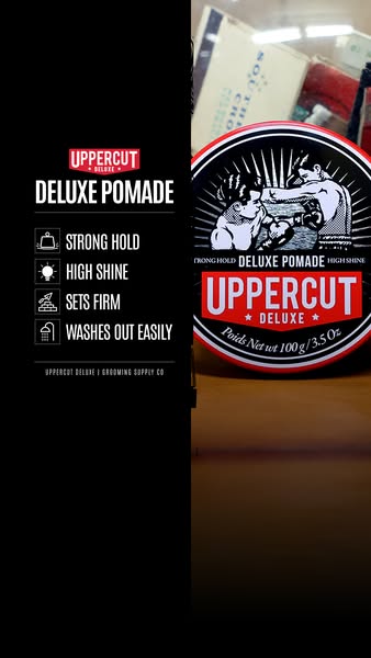 This ad showcases Uppercut Deluxe Pomade and details it's benefits.