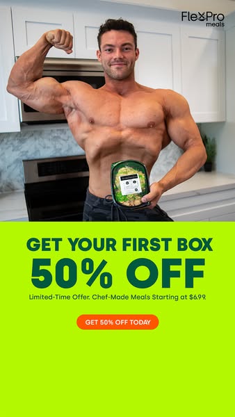 An image ad for FlexPro Meals featuring a shirtless bodybuilder holding a meal container, overlaid with an offer for 50%