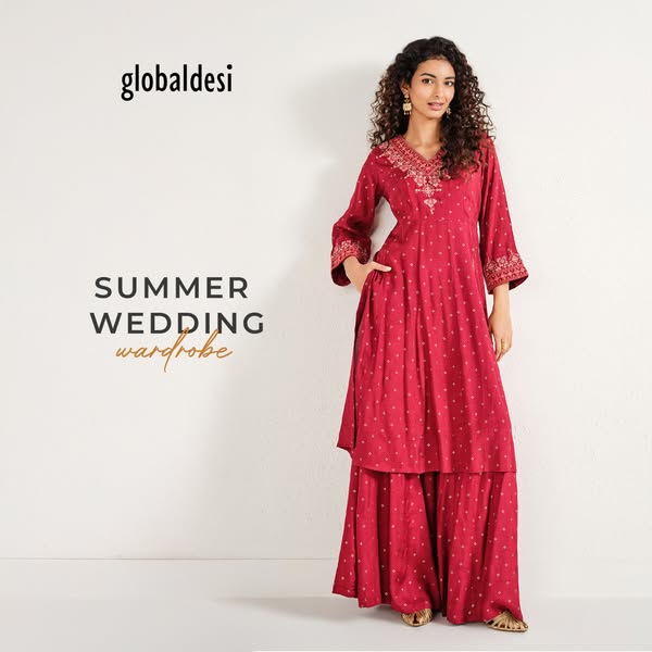 This Global Desi ad promotes their summer wedding wardrobe with a woman modeling a matching kurta and palazzo pants set.
