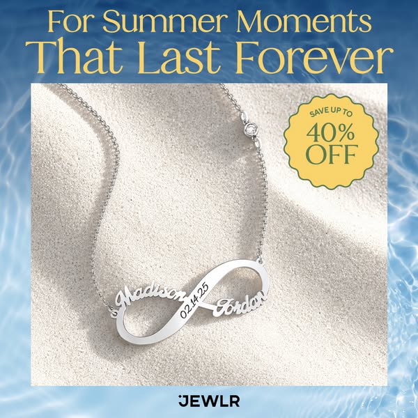 This ad highlights an infinity necklace. The infinity pendant is engraved with two names and a date. The background feat
