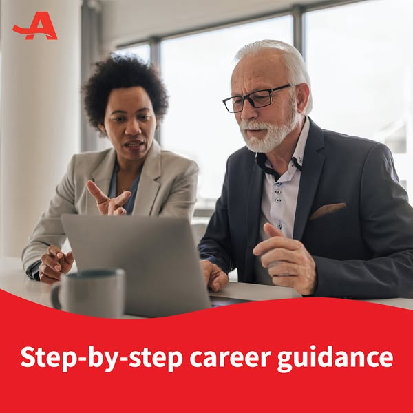 This image ad promotes career guidance services, showing a younger woman advising an older man while they both look at a