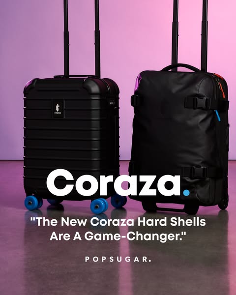 This ad highlights two Coraza hard shell carry-on suitcases with the headline, "The New Coraza Hard Shells Are A Ga